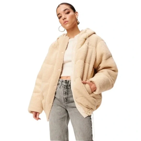 Good American Womens Essentials Sherpa Cocoon Hooded Puffer Coat Size 4 Cream XL